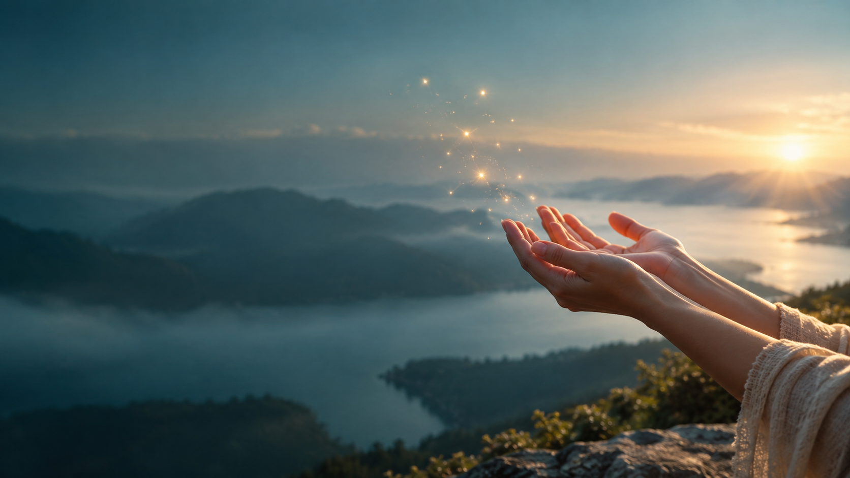 Open hands held toward warm morning light over a peaceful mountain lake