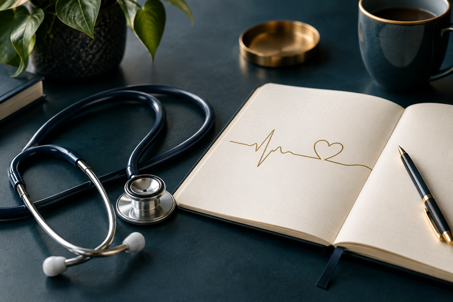 Stethoscope beside an open notebook with a simple heartbeat and heart line