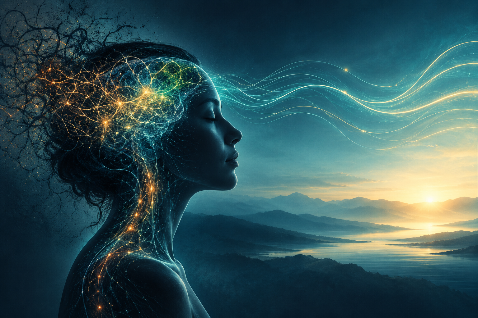 Conceptual illustration of tangled neural pathways becoming calm, flowing lines toward light